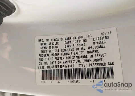 2013 Honda Accord Ex-L V-6 z USA, uszkodzony, nr VIN 1HGCR3F86DA024340